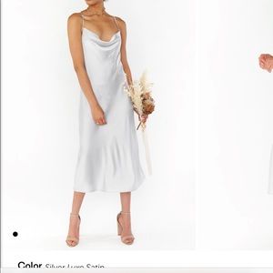 show me your mumu verona cowl dress midi length silver luxe satin bridesmaid